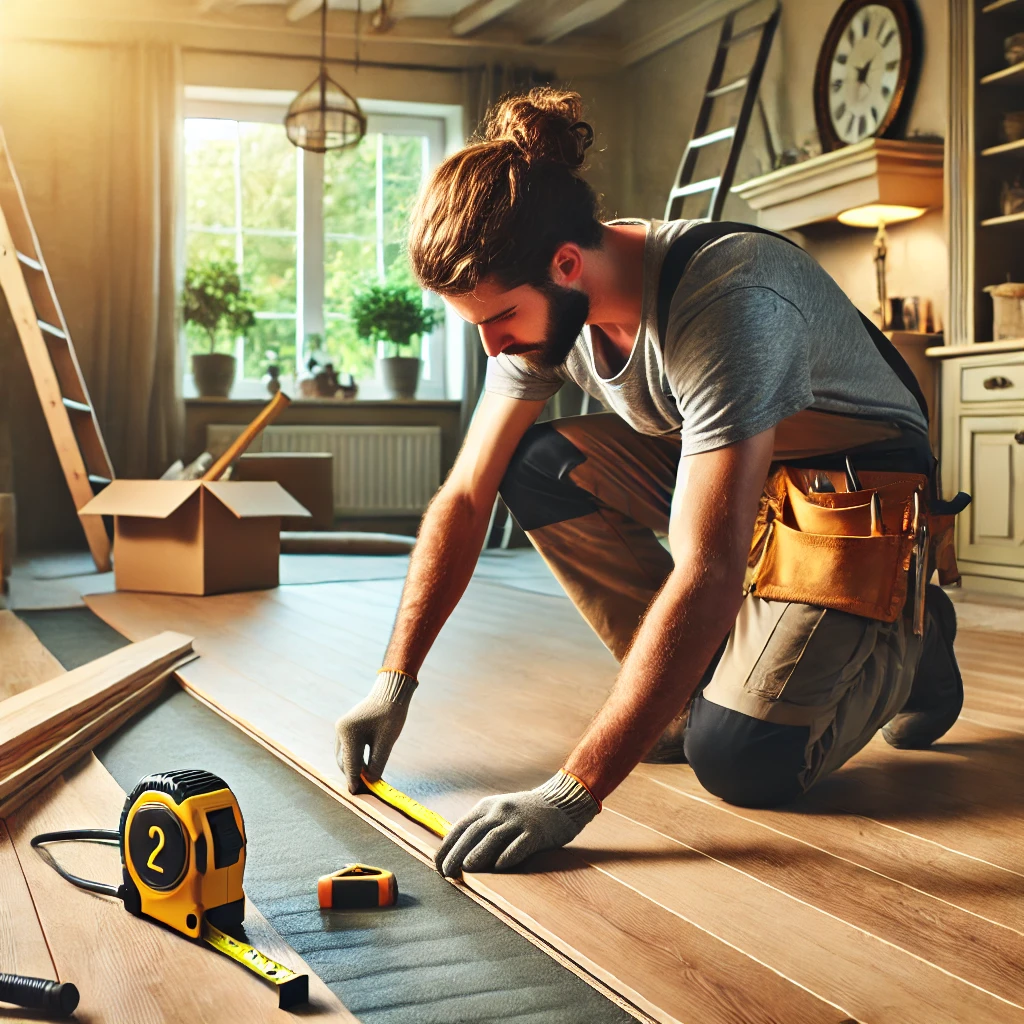 Worker installing flooring