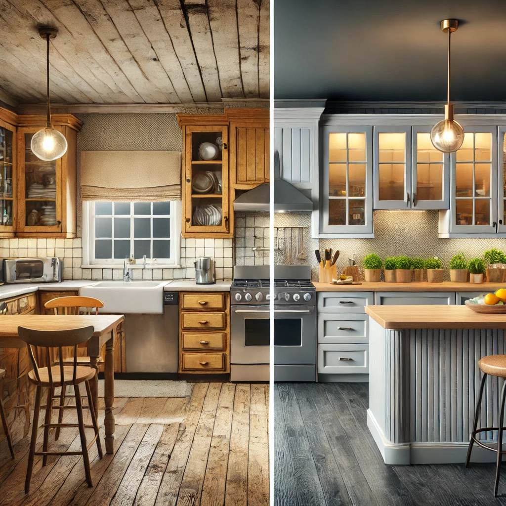 Split screen of a kitchen remodel