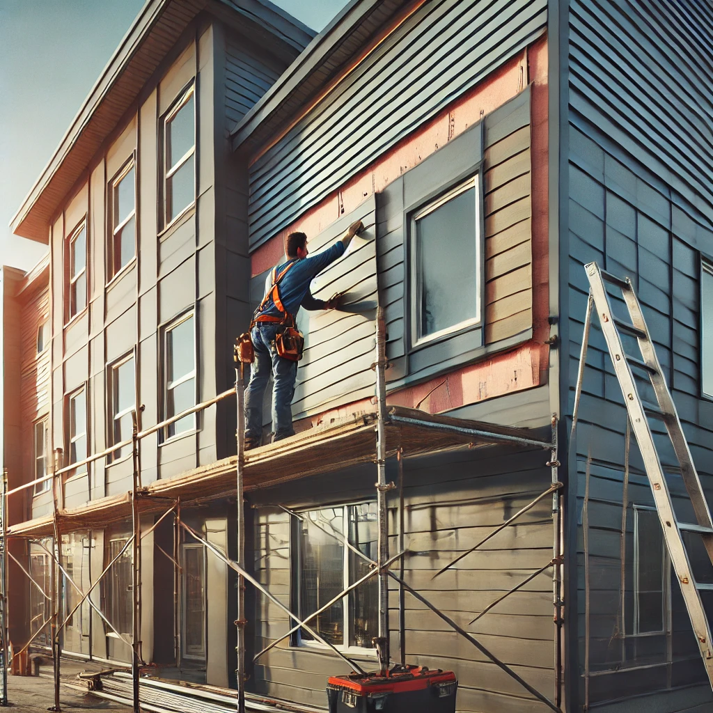 a worker installing siding on a business